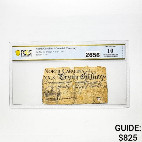 March 9, 1754 20S NC Colonial Currency PCGS 10 VG