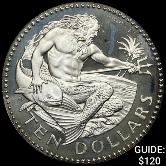 1977 Barbados Silver $10 Neptune 1.127oz CHOICE PROOF