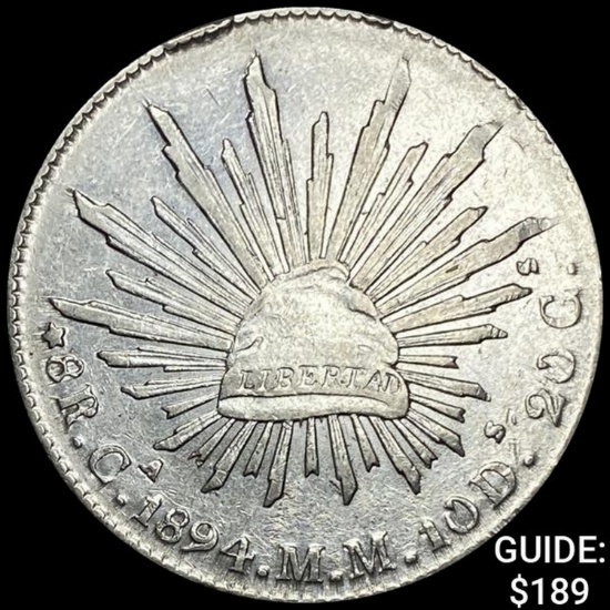 1894Ca MM Mexico Silver 8 Reales Cap&Rays CHOICE AU
