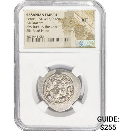 Sasanian Peroz I, AD 457/9-484 Silver Drachm NGC XF