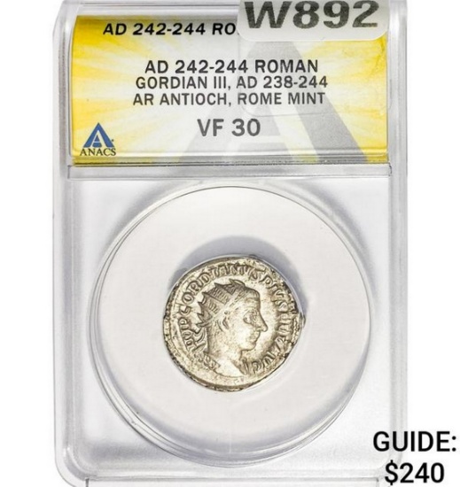 Roman Gordian III, AD 238-244 Silver Antioch ANACS VF30