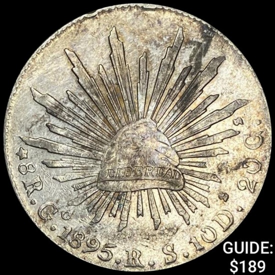1895Go RS Mexico Silver 8 Reales Cap&Rays CLOSELY UNCIRCULATED