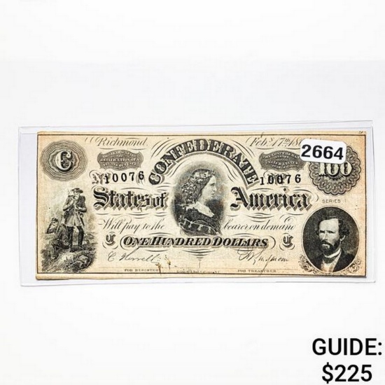 1864 $100 Confederate States Of America Note