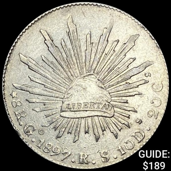 1897Go RS Mexico Silver 8 Reales Cap&Rays CLOSELY UNCIRCULATED