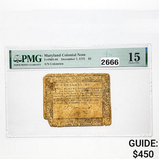 Dec. 7, 1775 $2 Maryland Colonial Note PMG 15 F