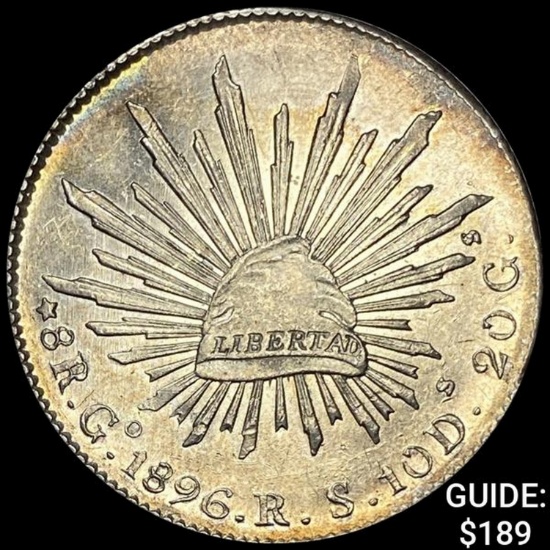 1896Go RS Mexico Silver 8 Reales Cap&Rays CHOICE AU