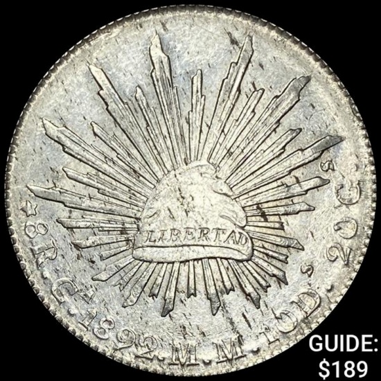 1892GA MM Mexico Silver 8 Reales Cap&Rays CHOICE AU
