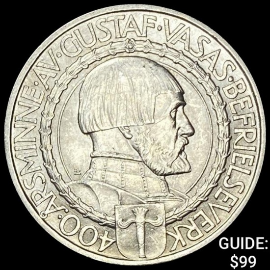 1921 Sweden Gustfa V Silver 2 Kronor UNCIRCULATED