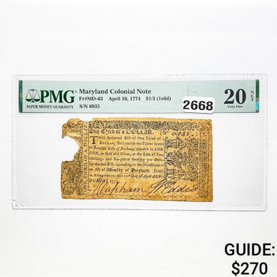 1774 $1/3 Maryland Colonial Note PMG 20 VF