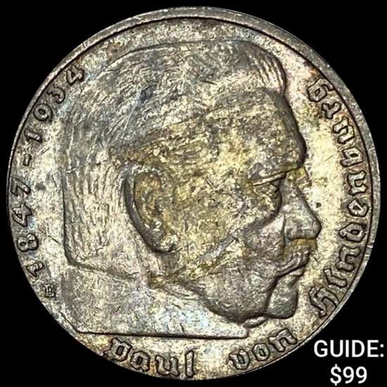 1937-E German Silver 5 Reichsmark CHOICE AU