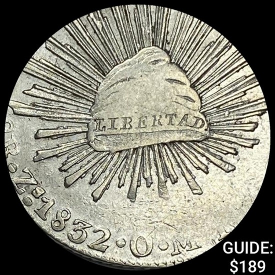 1832Zs OM Mexico Silver 8 Reales Cap&Rays NEARLY UNCIRCULATED