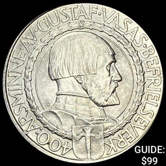1921 Sweden Gustfa V Silver 2 Kronor UNCIRCULATED