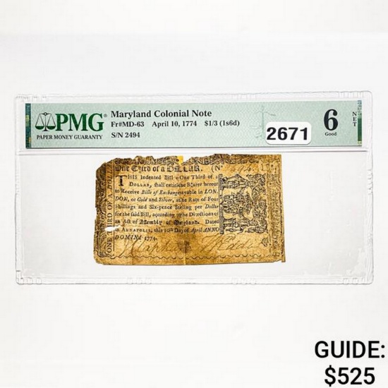 1774 $1/3 Maryland Colonial Note PMG 6 G