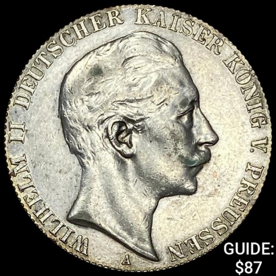 1912-A Prussia Silver 5 Reichsmark CLOSELY UNCIRCULATED