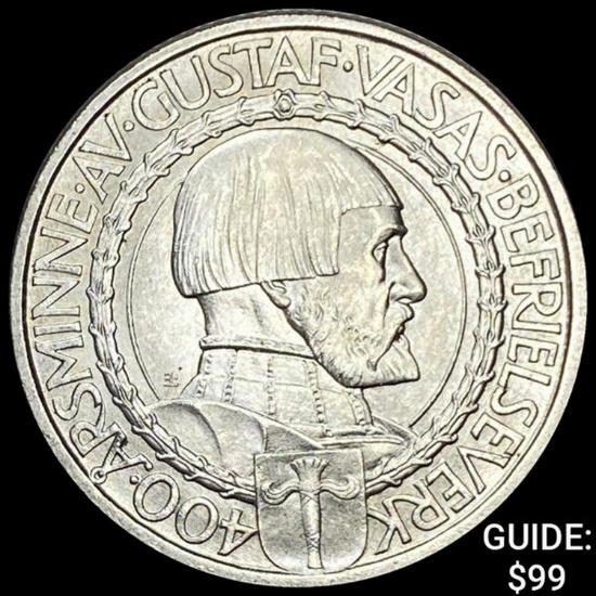 1921 Sweden Gustfa V Silver 2 Kronor UNCIRCULATED