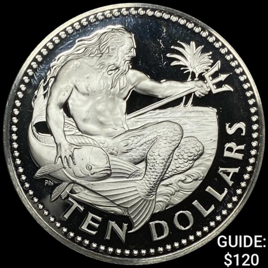 1974 Barbados Silver $10 Neptune 1.127oz CHOICE PROOF