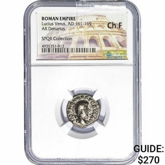Roman Lucius Verus, AD 161-169 Silver Denarius NGC Ch F