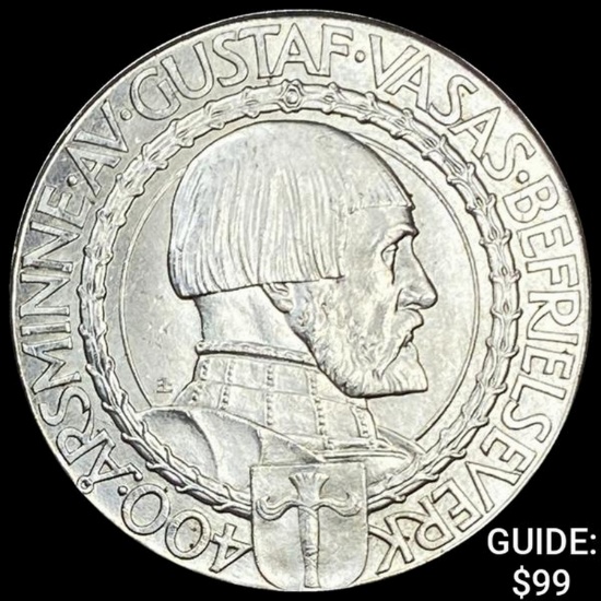 1921 Sweden Gustfa V Silver 2 Kronor UNCIRCULATED