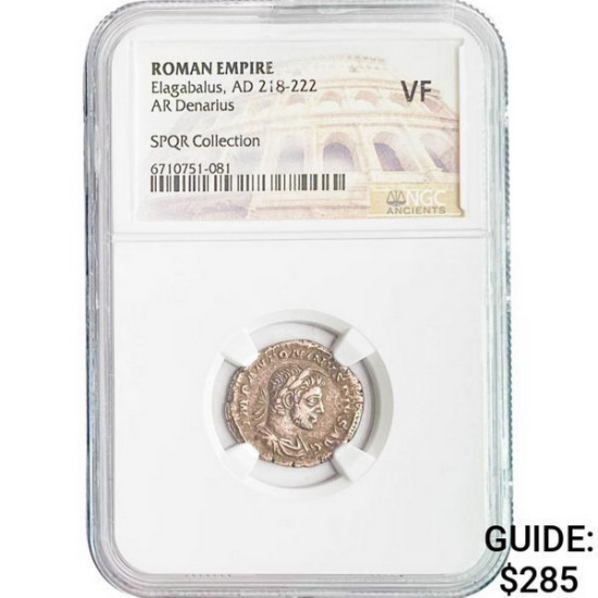 Roman Elagabalus, AD 218-222 Silver Denarius NGC VF