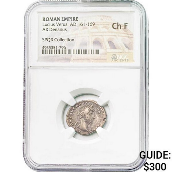 Roman Lucius Verus, AD 161-169 Silver Denarius NGC Ch F