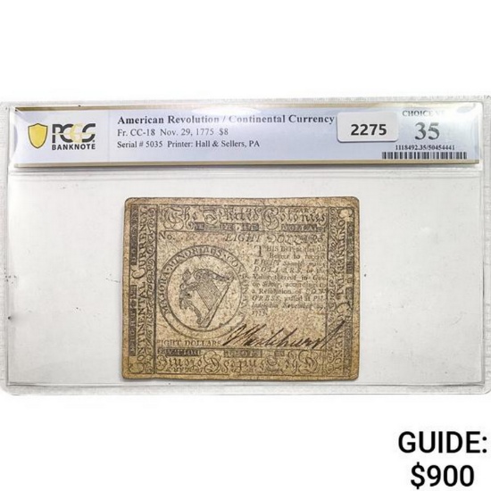 1775 $8 American Revolution/Continental Currency