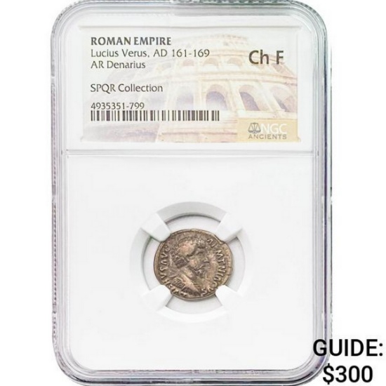 Roman Lucius Verus, AD 161-169 Silver Denarius NGC Ch F