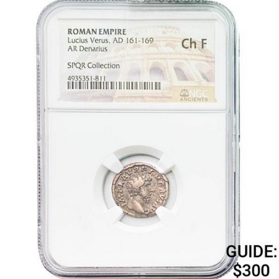 Roman Lucius Verus, AD 161-169 Silver Denarius NGC Ch F