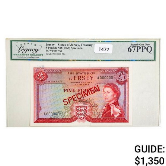 1963 Jersey 5 Pound ND Specimen Currency Legacy Superb GEM UNC