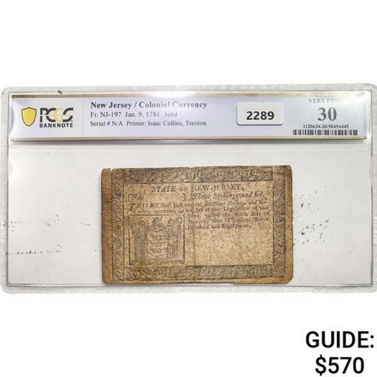 1781 3s6d New Jersey/Colonial Currency PCGS VF 30