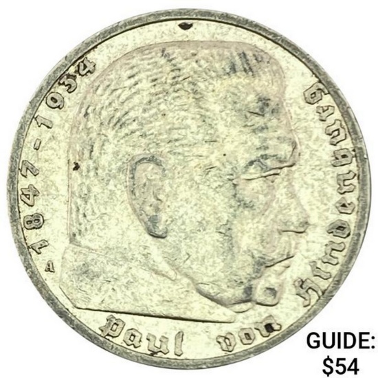 1936-A Germany Silver 5 Reichsmark CLOSELY UNCIRCULATED