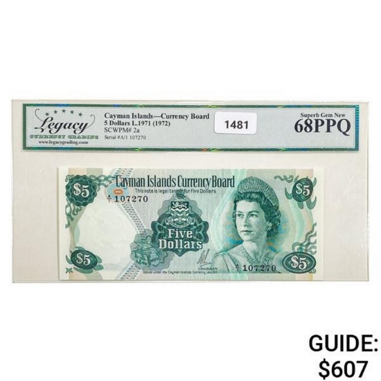 1972 Caymen Islands $5 Currency Board Legacy Superb GEM UNC