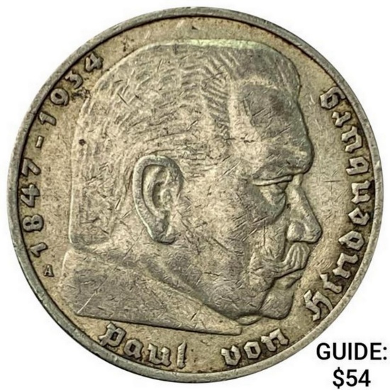 1936-A Germany Silver 5 Reichsmark CLOSELY UNCIRCULATED