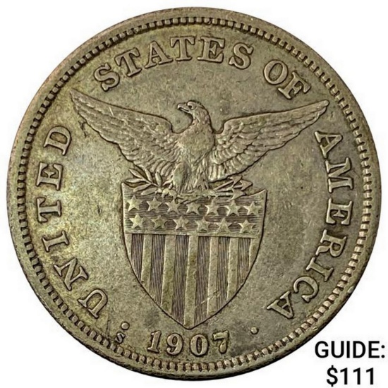 1907-S Philippines Silver Peso NEARLY UNCIRCULATED