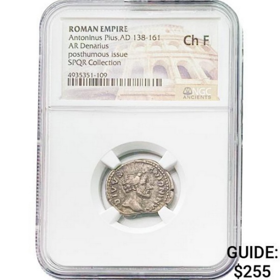 Roman Antoninus Pius, AD 138-161 Silver Denarius NGC Ch F
