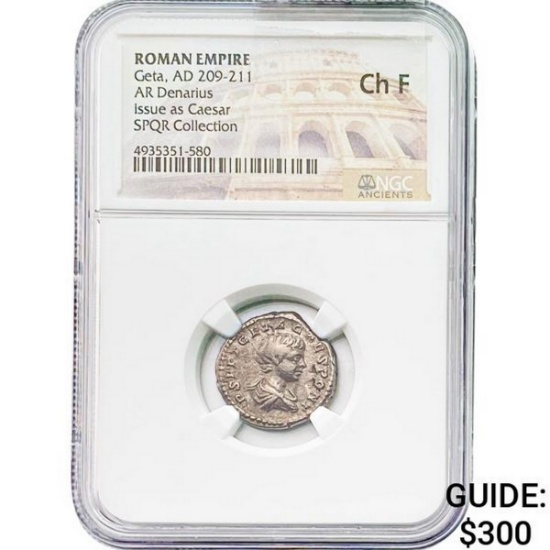 Roman Geta, AD 209-211 Silver Denarius NGC Ch F