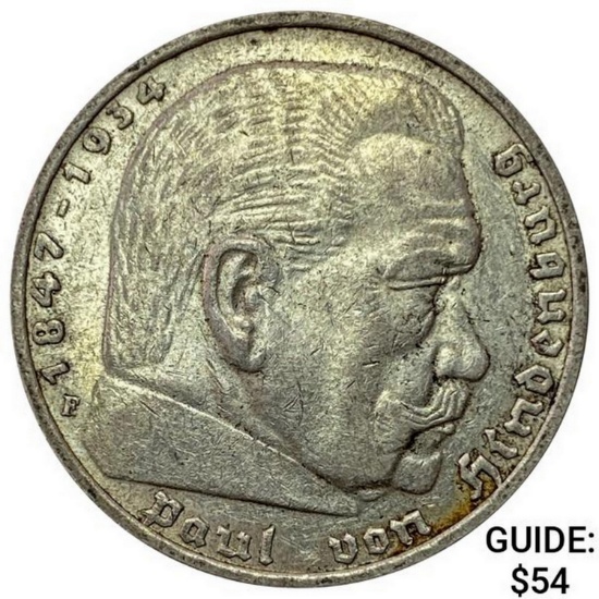 1936-F Germany Silver 5 Reichsmark CLOSELY UNCIRCULATED