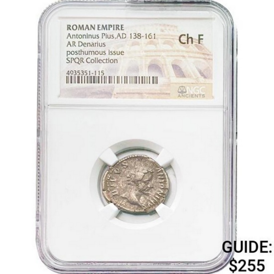 Roman Antoninus Pius, AD 138-161 Silver Denarius NGC Ch F