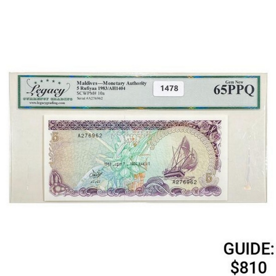 1983 Maldives 5 Rufiyaa Currency Legacy GEM UNC PPQ
