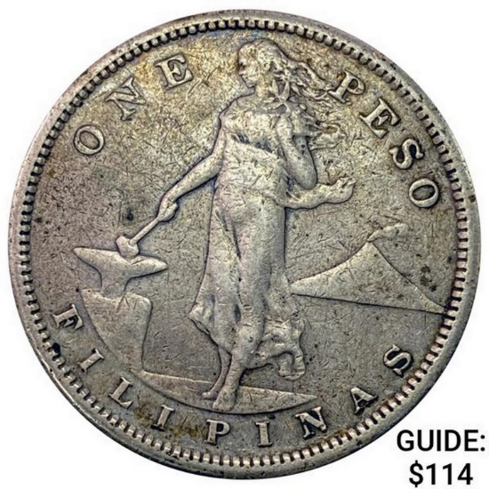 1908-S Philippines Silver Peso NEARLY UNCIRCULATED