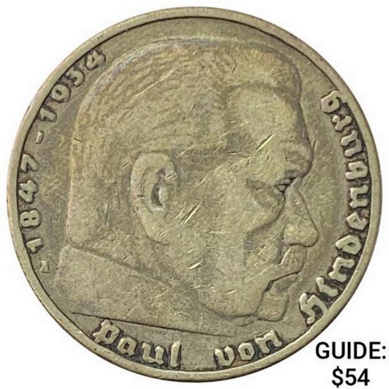 1936-A Germany Silver 5 Reichsmark NEARLY UNCIRCULATED