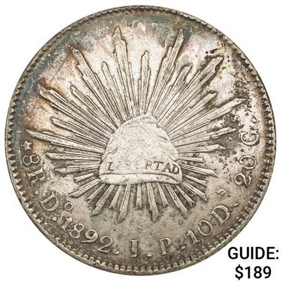 1892Do JP Mexico Silver 8 Reales NEARLY UNCIRCULATED