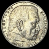 1936-A Germany Silver 5 Reichsmark CHOICE AU