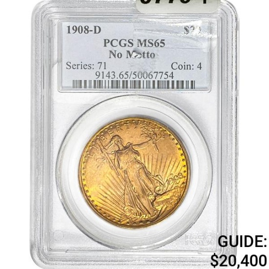 1908-D $20 Gold Double Eagle PCGS MS65 NO MOTTO