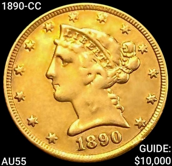 1890-CC $5 Gold Half Eagle HIGH GRADE