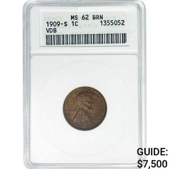 1909-S Wheat Cent ANACS MS62 BRN