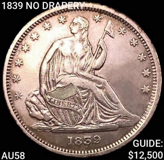 1839 NO DRAPERY Seated Liberty Half Dollar CHOICE AU