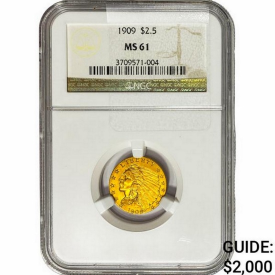1909 $2.50 Gold Quarter Eagle NGC MS61
