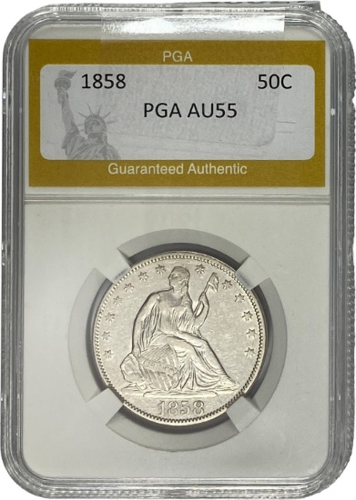 1858 Seated Liberty Half Dollar PGA AU55