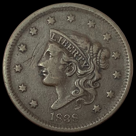 1838 Large Cent Coronet Head LIGHTLY CIRCULATED