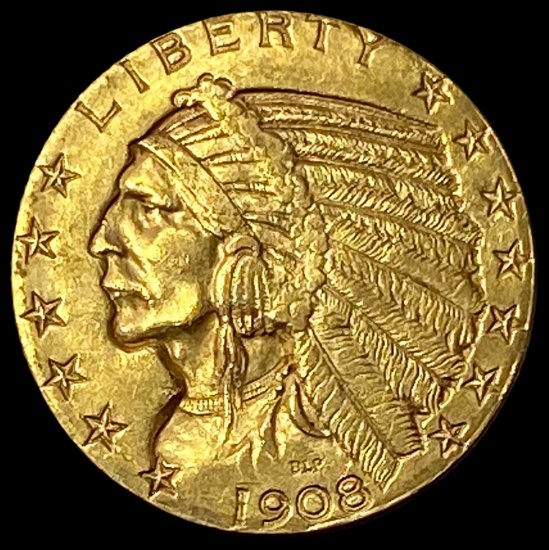 1908 Indian Head $5 Gold Half Eagle NEARLY UNCIRCULATED